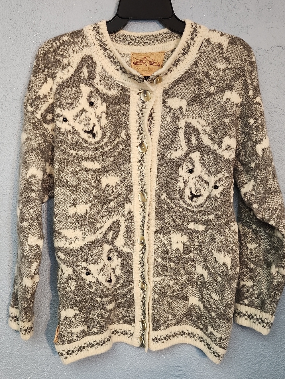 South Pole Gray and Cream Lamb Motif Knit Cardigan